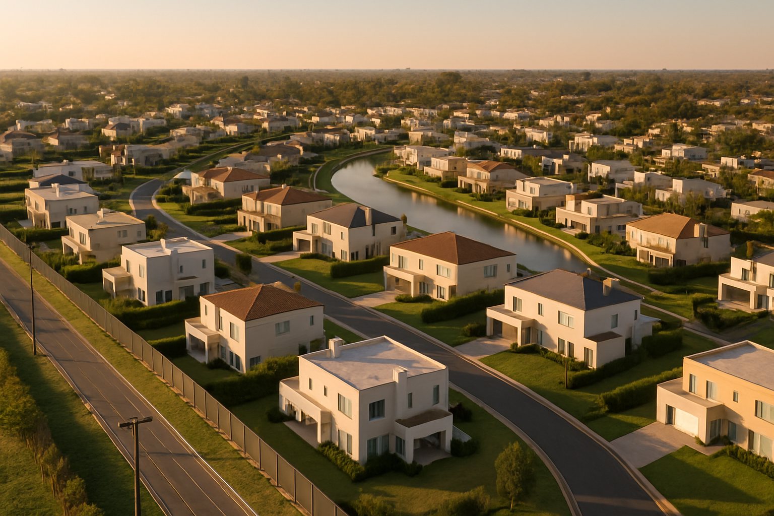 Vista aérea de un barrio cerrado del Gran Buenos Aires con casas, calles internas y tendido eléctrico al atardecer