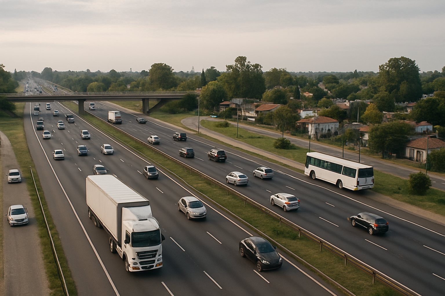 Vista elevada de una autopista con colectoras, un puente y tránsito de autos y camiones en un entorno suburbano
